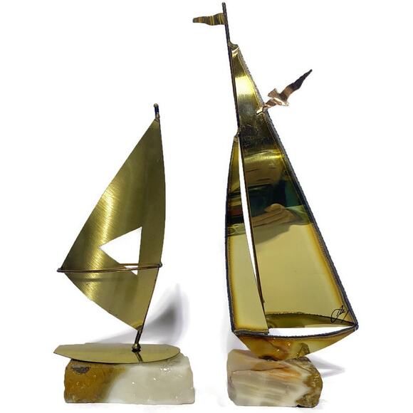 Sailboat Nautical Metal Art Brass Copper & Steel On Stone Onyx Base Set of Two - Picture 3 of 10